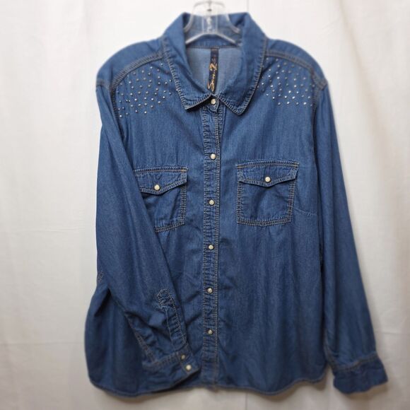 Seven for All Mankind Womens Denim Shirt Embellished Long Slv Snap Front 22/24 - Picture 4 of 15